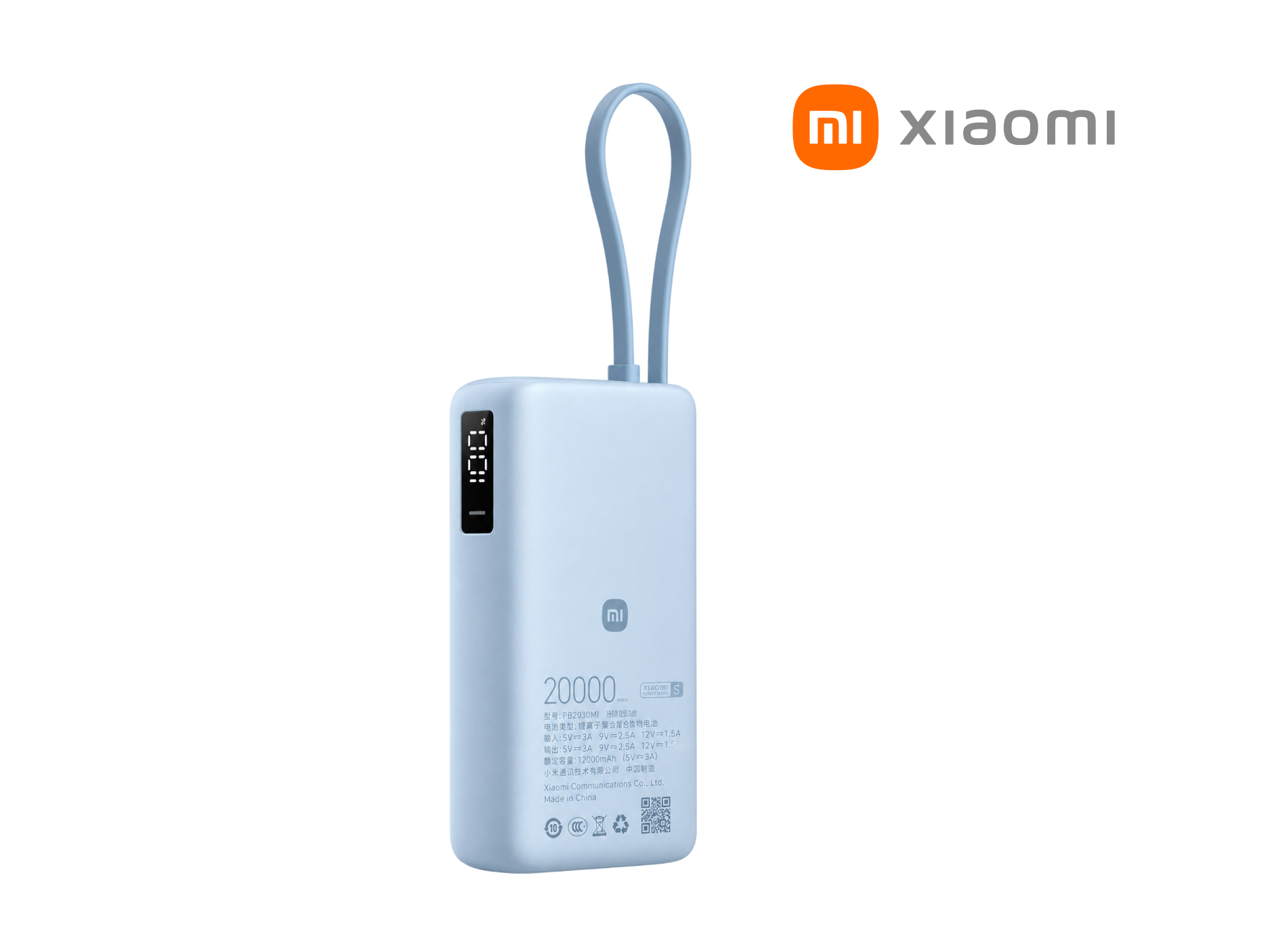 POWER BANK XIAOMI 20000 MAH 67W USB-C CABLE INTEGRADO CARGA ,XIAOMI , GALAXY ,IPHONE, COLOR AZUL HIELO CON PANTALLA LED