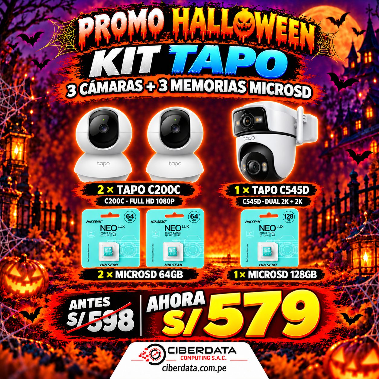 KIT HALLOWEEN TAPO 3 CAMARAS , 2 C200C FHD , 1 C545D DUAL 2K 165ª PANORAMICO