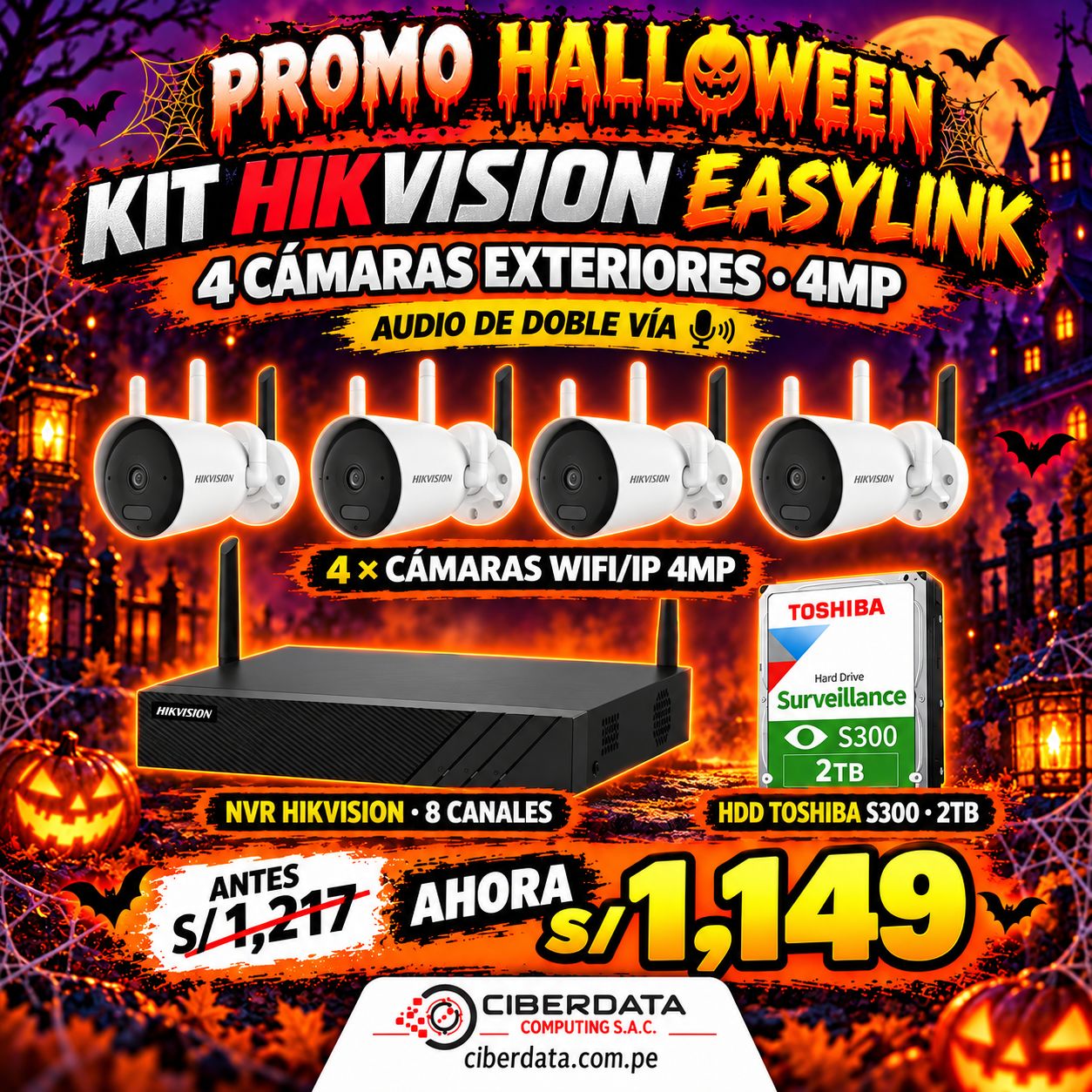 🎃PROMO HALLOWEEN🎃 KIT 4 HIKVISION EASYLINK , PANORAMICO 180º + HDD 2TB , WIFI 6 🛡️🛜