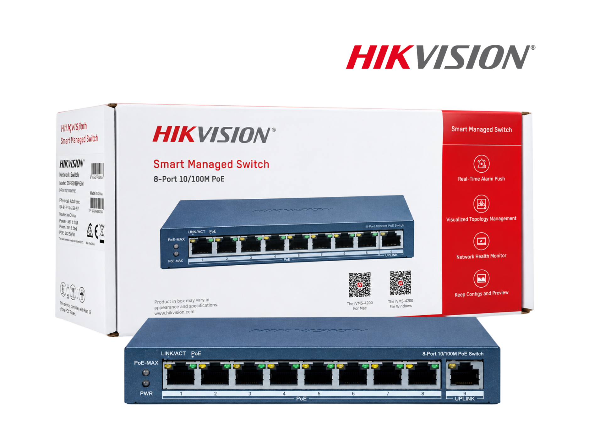 SWITCH HIKVISION ADMINISTRABLE POE DE 8 PUERTOS 10/100 MBPS + 1 UPLINK 45W