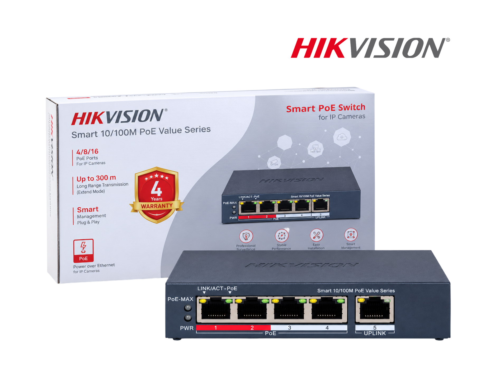SWITCH HIKVISION ADMINISTRABLE POE DE 4 PUERTOS 10/100 MBPS + 1 UPLINK 45W